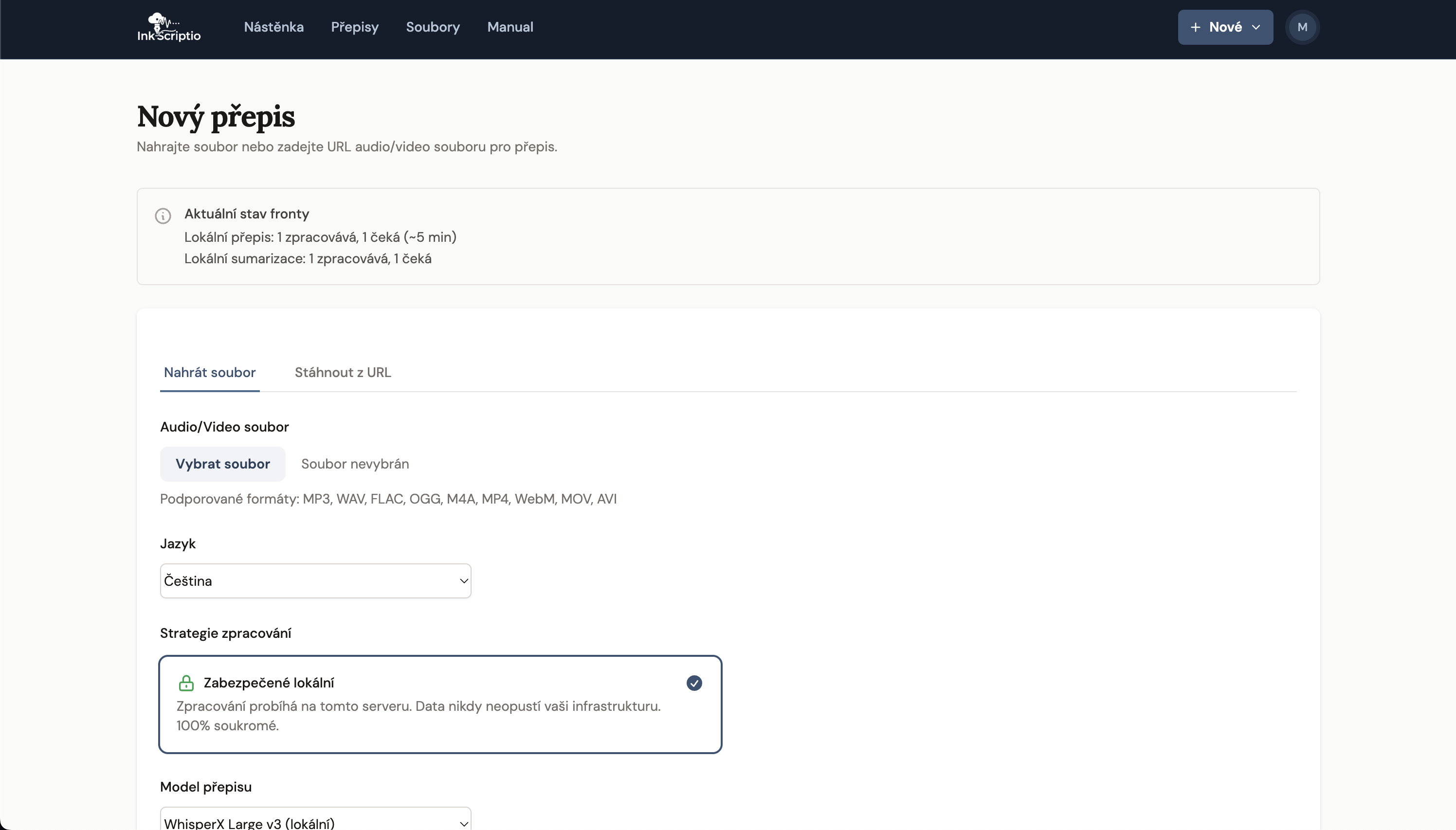 Banner stavu fronty na stránce nového přepisu